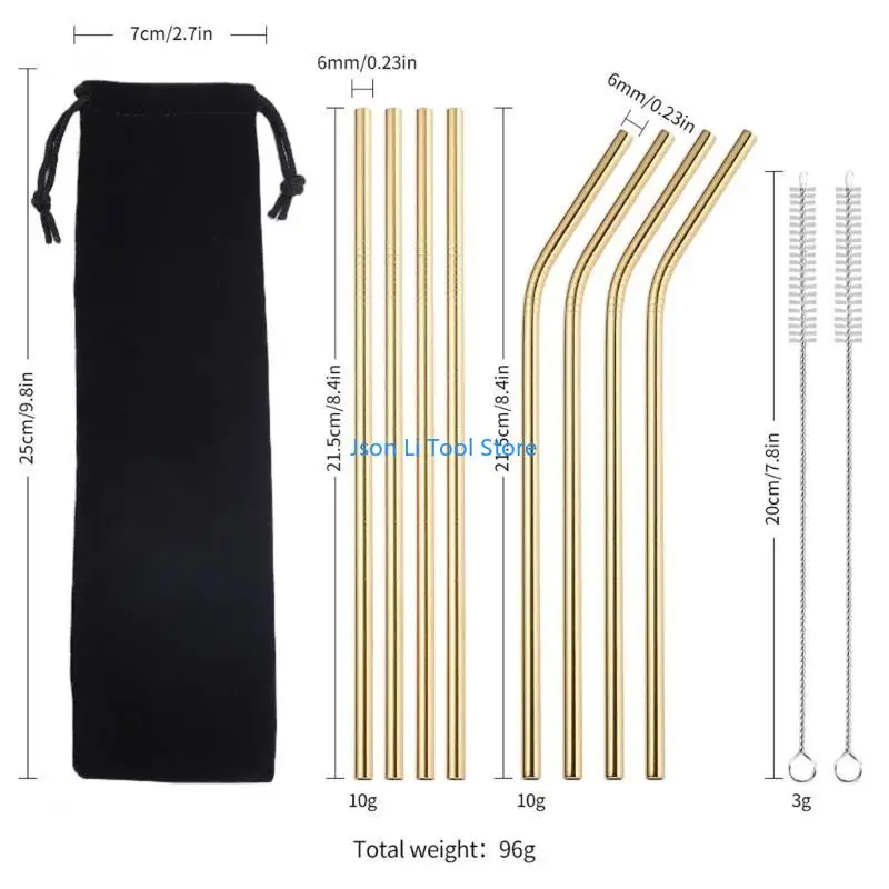 Y08D Metal Reusable 304 Stainless Steel Straws Straight Bent Drinking Straw With for Case Cleaning Brush Set Party Bar Access