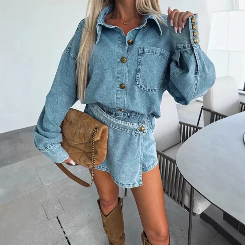 

2025 Long Sleeve Blouse+Irregular Dresses Set Slim Denim Office Women Two-Piece Temperament Outfit Fashion Girls Skirts Suit