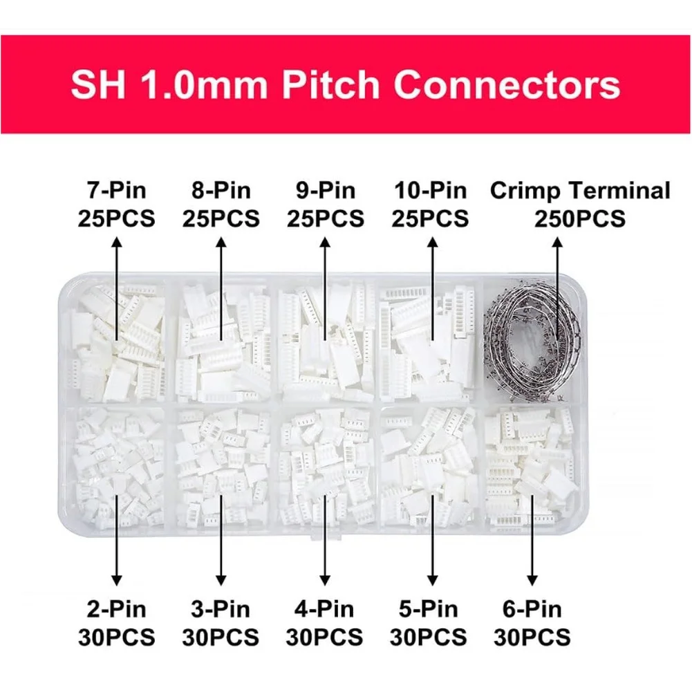Connector Crimp Terminal Kit SH1 0mm Pitch 250 Pieces 2P to 10P Copper for contact Suitable for Various Electronic Devices