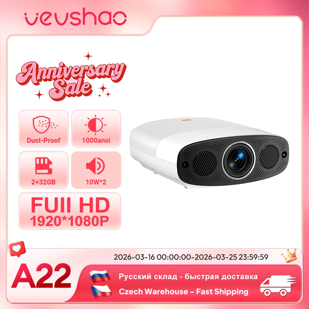 VEVSHAO Full HD Projector A22 4K Video Smart TV for Home WIFI 1080P 1000 Lumen Projectors Media Video Player Smart Beamer