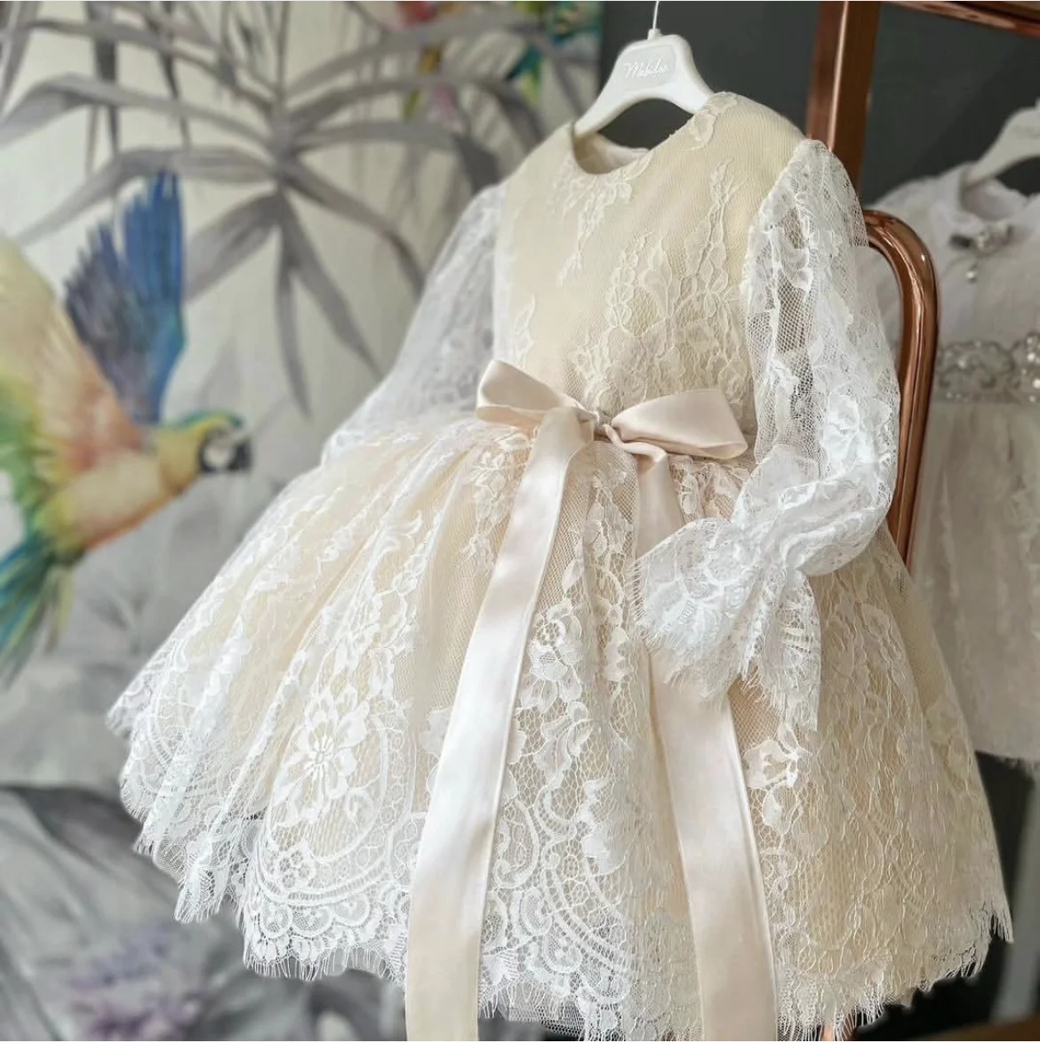 Baby Girl Summer Beige Exquisite Lace Turkish Vintage Princess Ball Gown Dress for Birthday Holiday Eid Photography B88