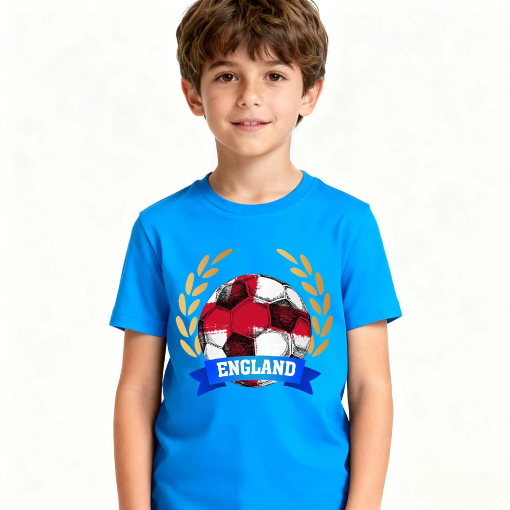 England Blue Ribbon Brush Stroke Soccer Flag Graphic TShirt Kids Cotton Short Sleeve English Soccer Casual Summer Sports Wear