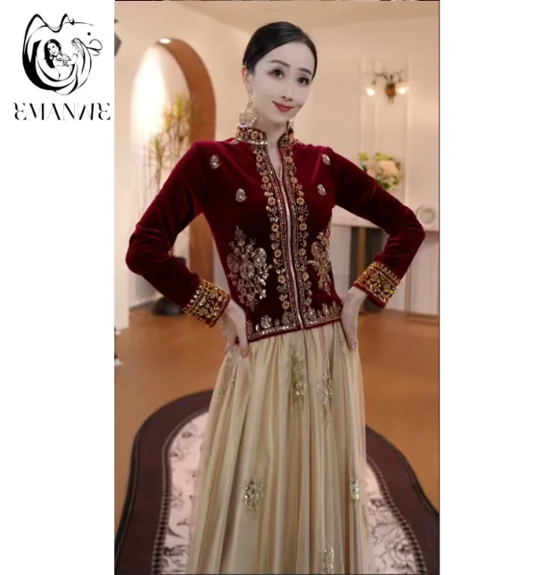 

Китайский женский танцевальный костюм с вышивкой Синьцзян, этнический костюм, топ