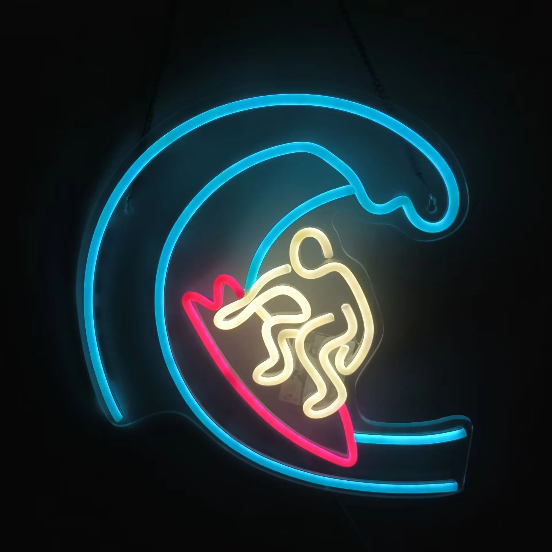 SUSB Dimmable Surfing Neon Sign with Wave and Surfer Design Blue Yellow Red LED Light for Beach Bar Bedroom Wall Decor Gift