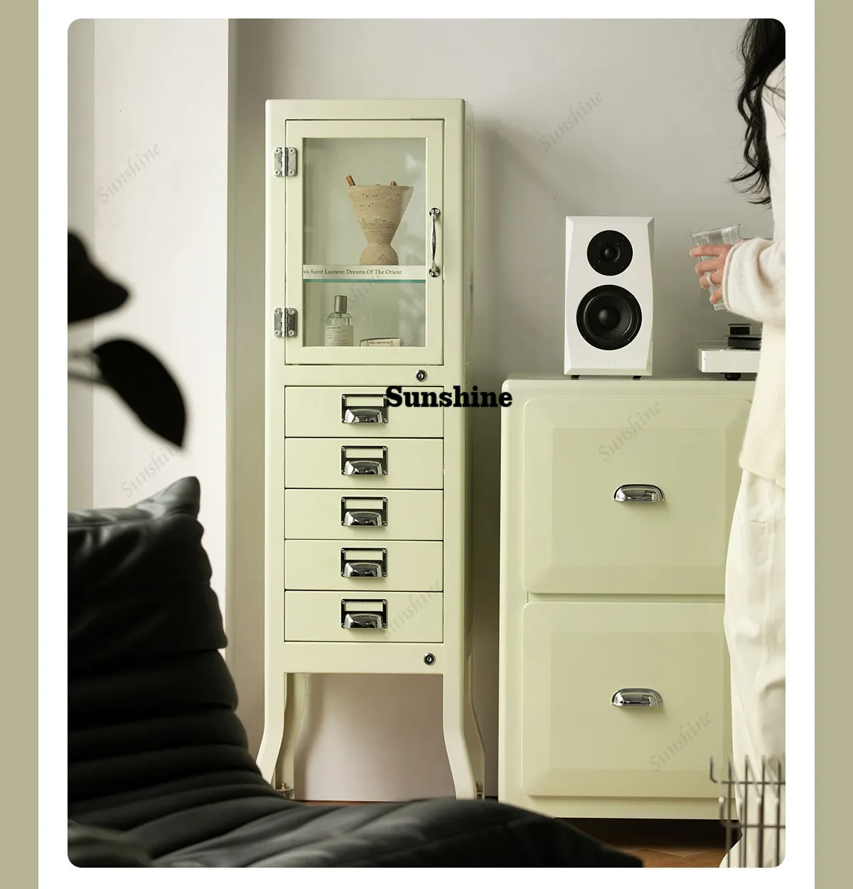 Retro metal tall cabinet living room bedroom drawer storage chest