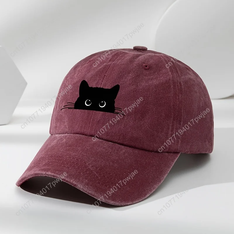 黒猫の頭がプリントされたアウトドアメンズウォッシュドベースボールキャップ、スポーツやレジャー用のヴィンテージスタイルのダックビルキャップ。