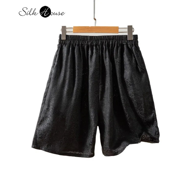 

2025 Women's Casual Summer New 100% Natural Mulberry Silk Gambiered Guangdong Gauze Black Elastic High Waist Shorts