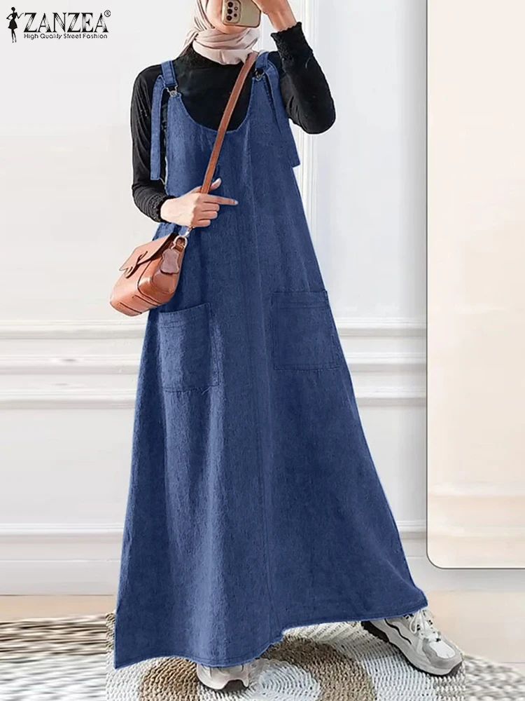 Stijlvolle Herfst Overalls Jurk Moslim Abaya Hijab Jurken 2025, ZANZEA Vrouwen Vintage Bandjes Effen A-lijn Vestido IsIamic Maxi Gewaad