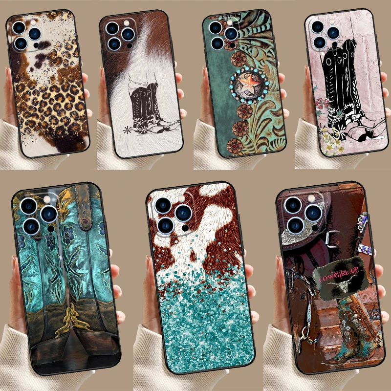 Western Cowgirl Cowboy Boots Cowhide Case For Samsung Galaxy M53 M33 M15 M35 M55 M11 M14 M34 M54 M31 M51 M12 M32 M52 M16 M36 M56