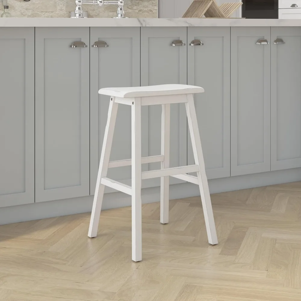 Backless Wood Bar Stool, 29 Inch Height, Distressed Sea White Finish for Rustic Farmhouse Decor