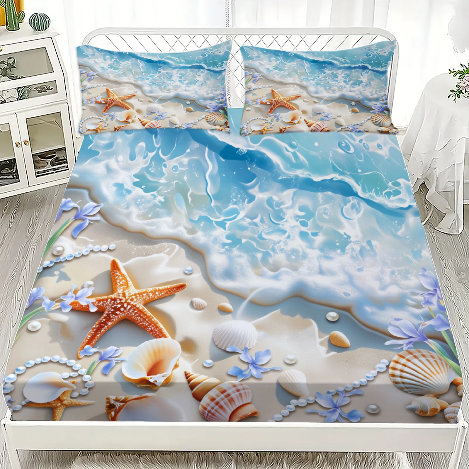 3pcs Sunny Summer Blue Fitted Sheet With 2 Pillowcases 3D Printed Tropical Style Starfish Shell Beach Washable Flat Sheet Sets