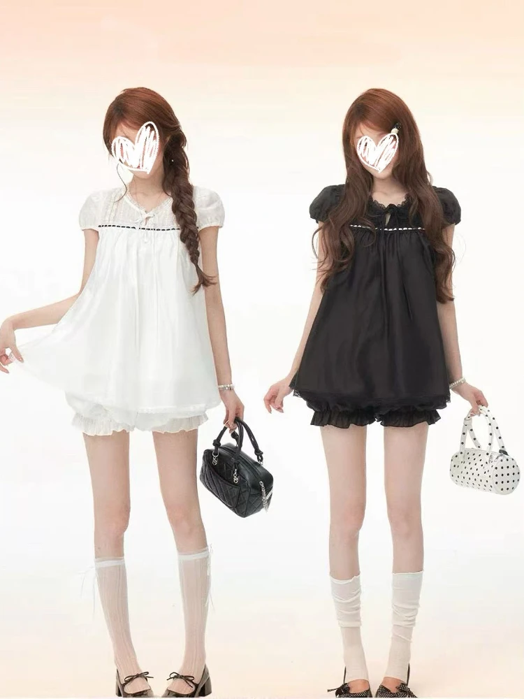 

Kawaii Coquette Black White Puff Sleeve Doll Collar Lace Trim 2Pcs Set Women Girls Ruffle Shorts Summer Casual Daily Wear Outfit