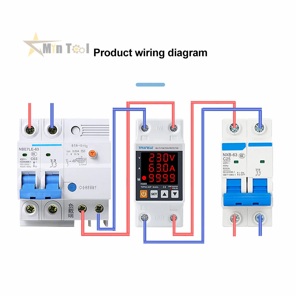 

63A 220V 3IN1 Display DinRail Adjustable Over Under Voltage Surge Protector Relay Over Current Kwh Watt Meter Power Supply