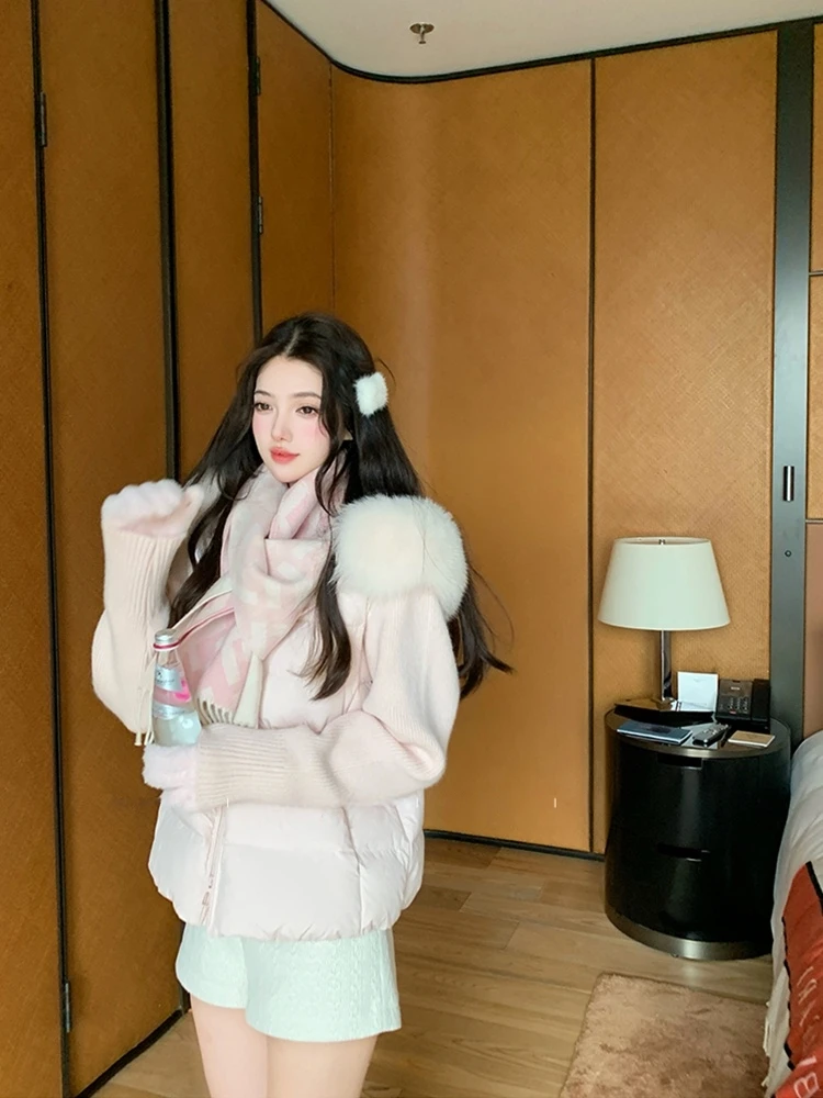 

Korean Sle ort Pink Fur Collar down Jaet Women's Warmth Youthful Small Size Outerwear Sweet Sle PAOFU Brand