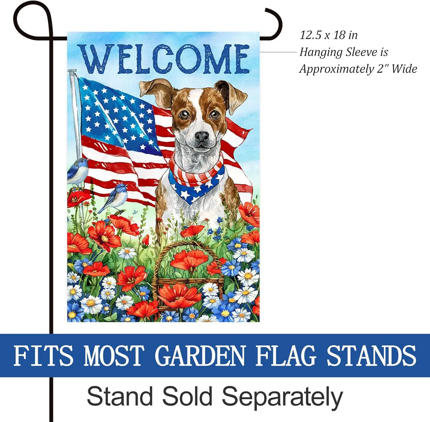 Texupday Welcome Patriotic Dog Colorful Floral Decoration Spring Summer Memorial Day Garden Flag USA Independence Day July 4th O