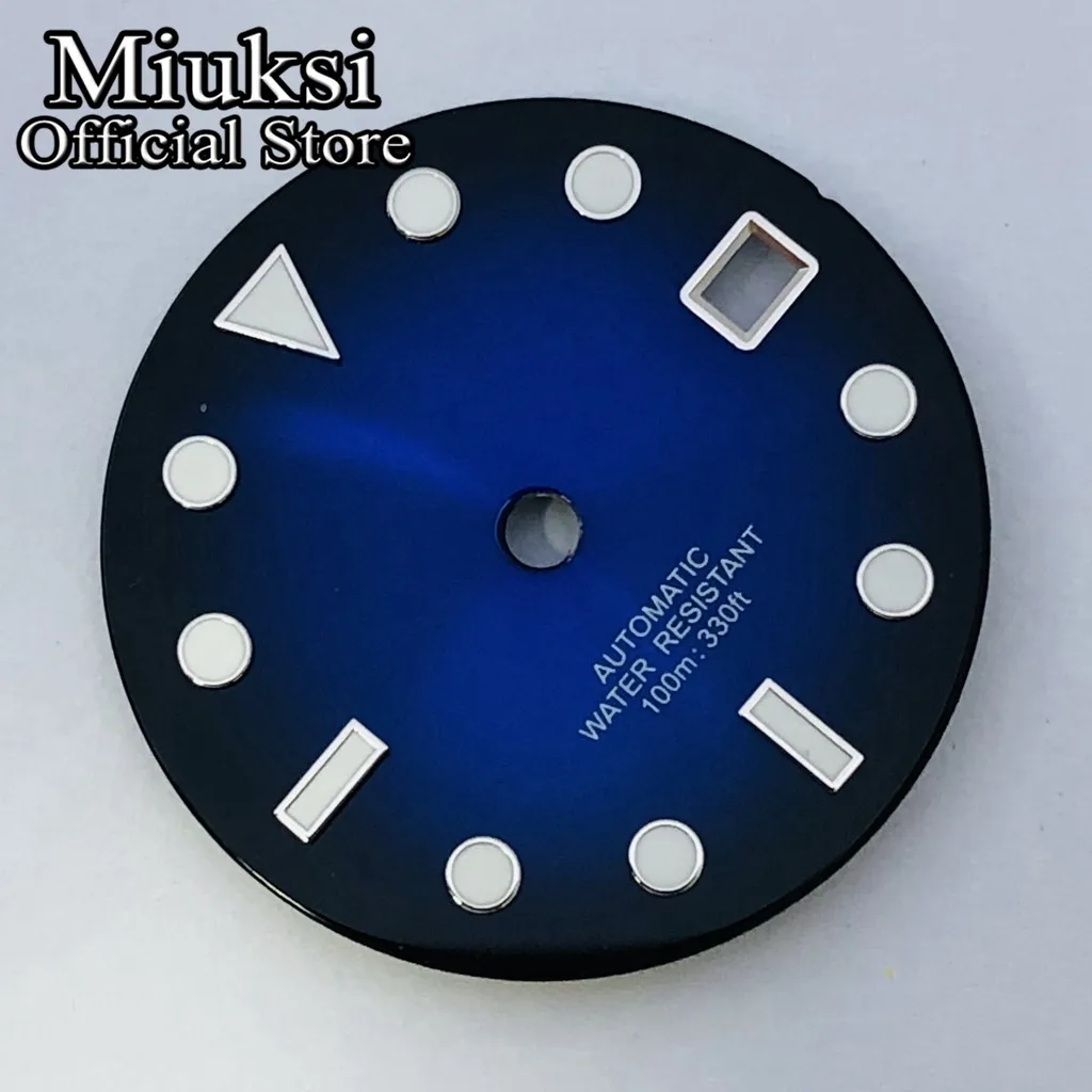 Miuksi 29mm black blue green yellow sterile watch dial luminous fit NH34 NH35 movement fit 3 o\'clock crown 3.8 o\'clock crown