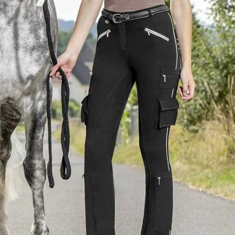 Pantalon équestre décontracté multi-poches, fermeture éclair alertes onale, coupe couvertes, élastique, levage de la hanche