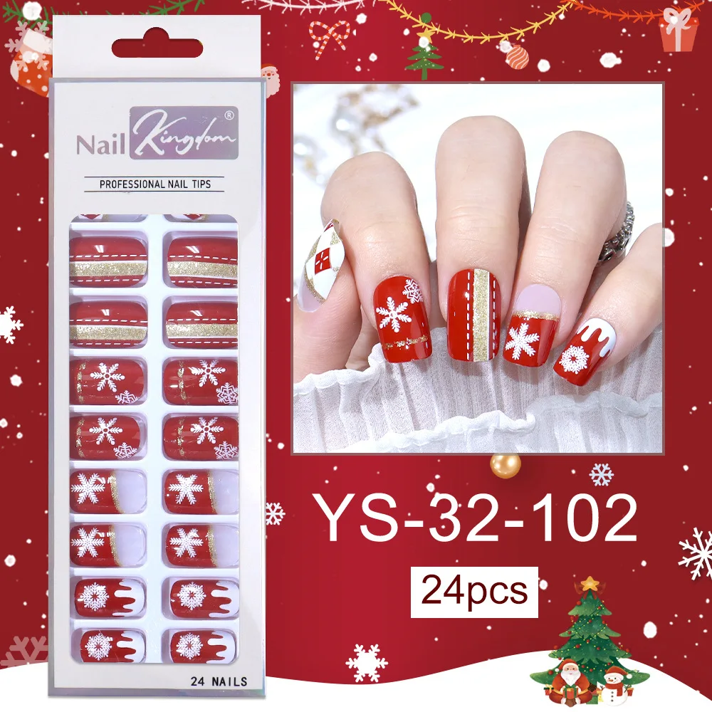 24 قطعة من الأظافر المزيفة المتوسطة الطول لحفلة عيد الميلاد، أطراف اللوز المربعة لعيد الميلاد، هدية ندفة الثلج، اضغط على مجموعة فنية للأظافر الصناعية #6