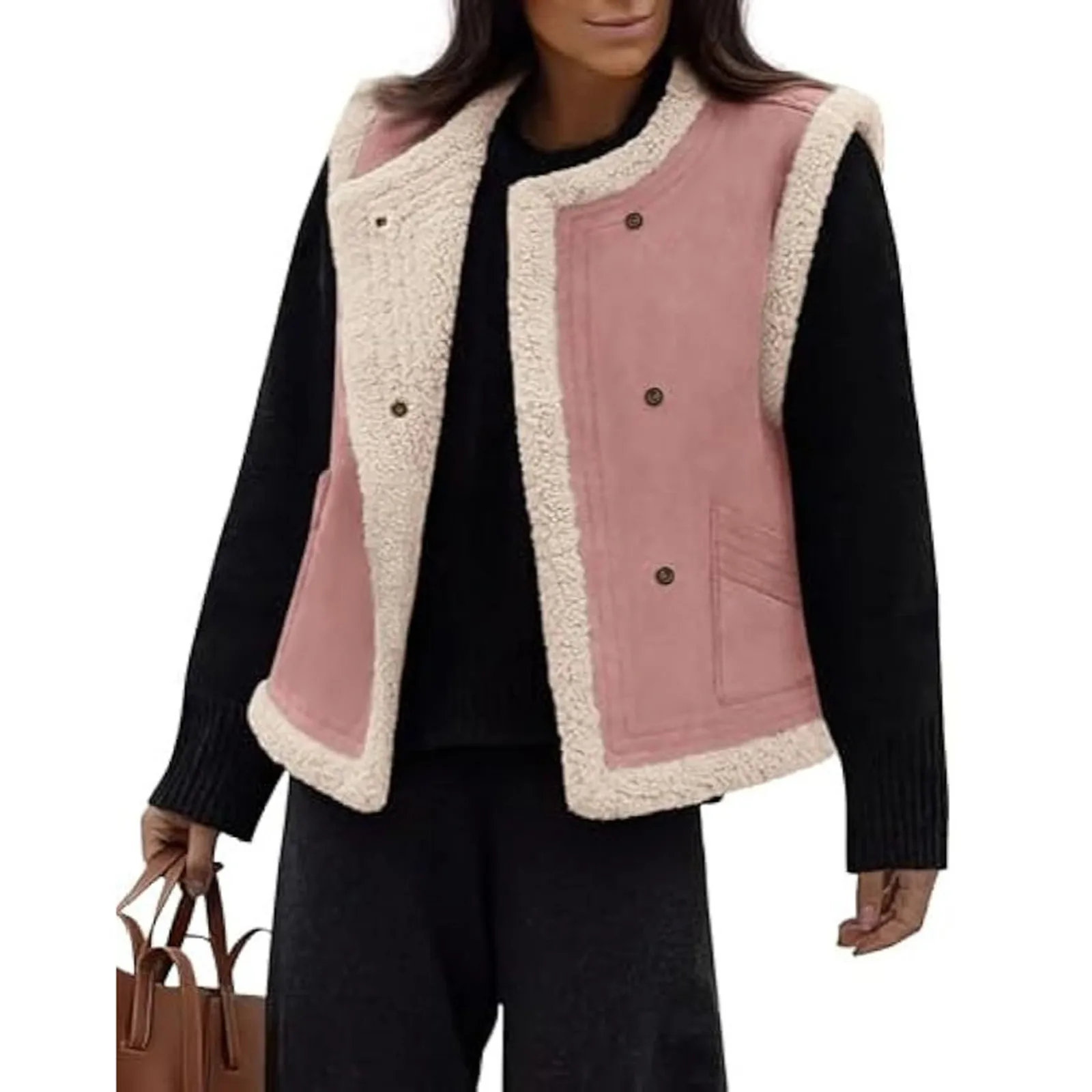 Women's Winter Sleeveless Button Down Fleece Lamb Lined Jacket Fashion Casual Coat Coat