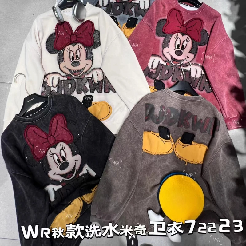 Autumn Winter New Heavy Industry Embroidery Cartoon AB Face Sweatshirts Medium Long O-Neck Y2k Coat Fashion Loose Casual Hoodies