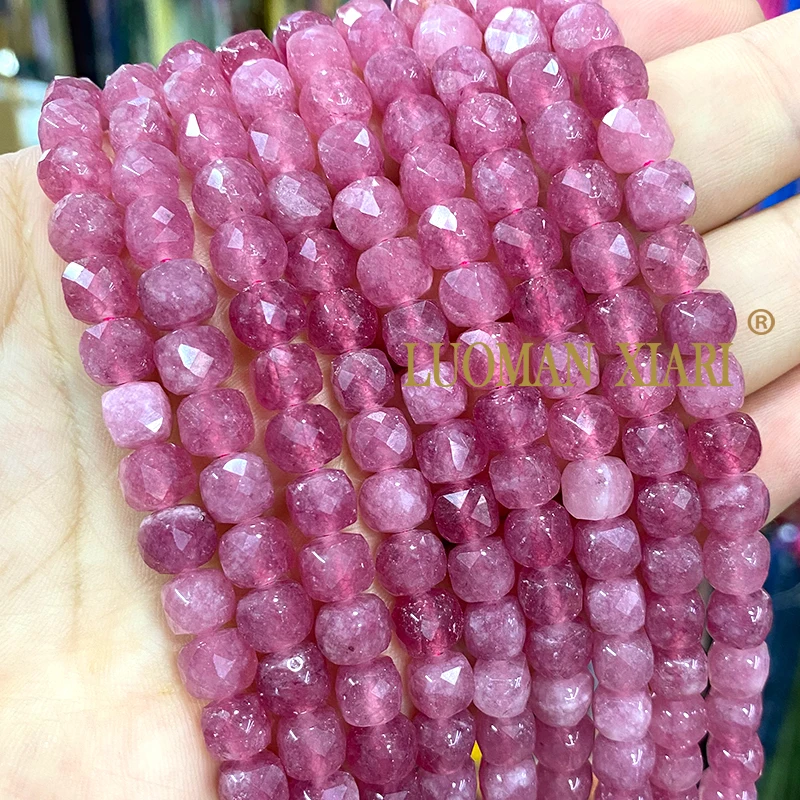 6/8MM Faceted Square Natural Stone Red Tourmaline Colors Chalcedony Loose Spacer Beads for Diy Jewelry Bracelets Accessories