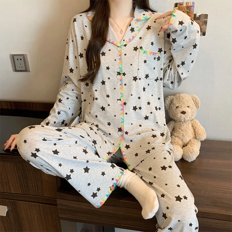 

Women's Hot Selling Long Sleeved Sleepwear Home Suit Set, Spring Solid Color Star Loose Collar Long Sleeved Pants Sleepwear Set
