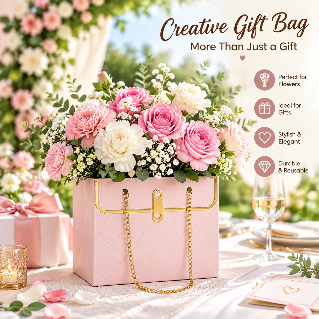 Flower Gift Handbag Box Metal Chain Handle Rectangular Floral Packaging Bag Valentine's Day Wedding Birthday Bouquet Gift Bag