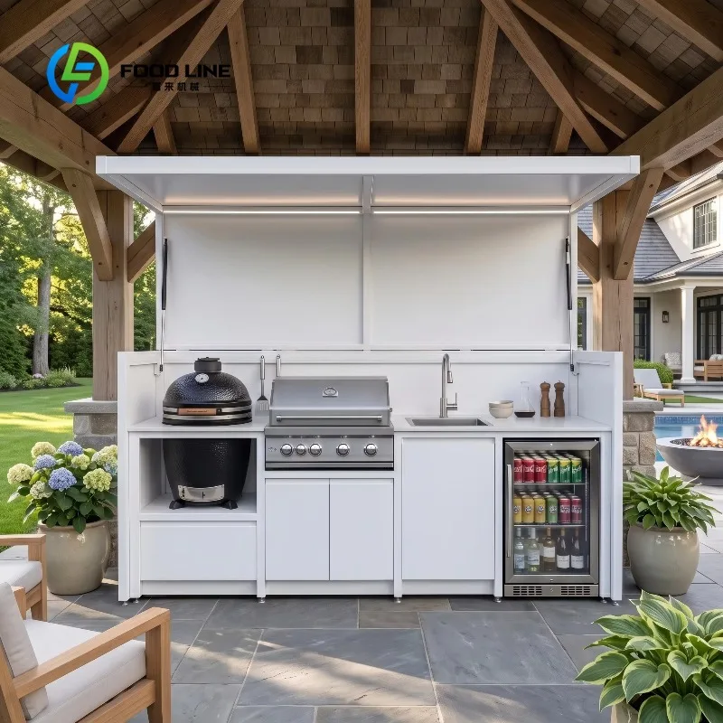 Customized Modern Outdoor Kitchen BBQ Pod Multi Functional Bifold Doors Stainless Steel Outdoor Kitchen Cabinets with Sink