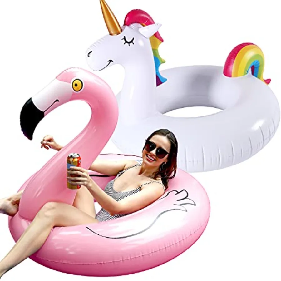 2 Pack 42'' Inflatable Pool Floats for Outdoor Swimming Pools, PVC Material, Pink and White, Extra-Large 72'' Fabric-Covered De