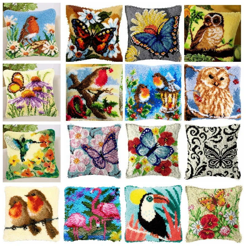 

Bird Butterfly Owl Series Segment Embroidery Pillow Flowers Grass Coarse Wool Cross Stitch 3D Latch Hook Pillow Embroidery Kit