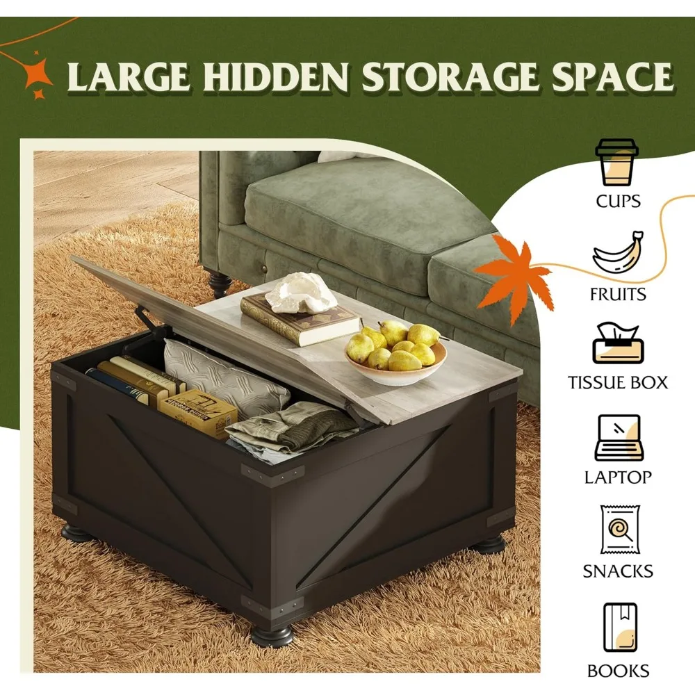 Meja kopi atas Farmhouse, Meja tengah kayu persegi 31.5 "dengan tutup Flip-Top dan kompartemen penyimpanan tersembunyi besar