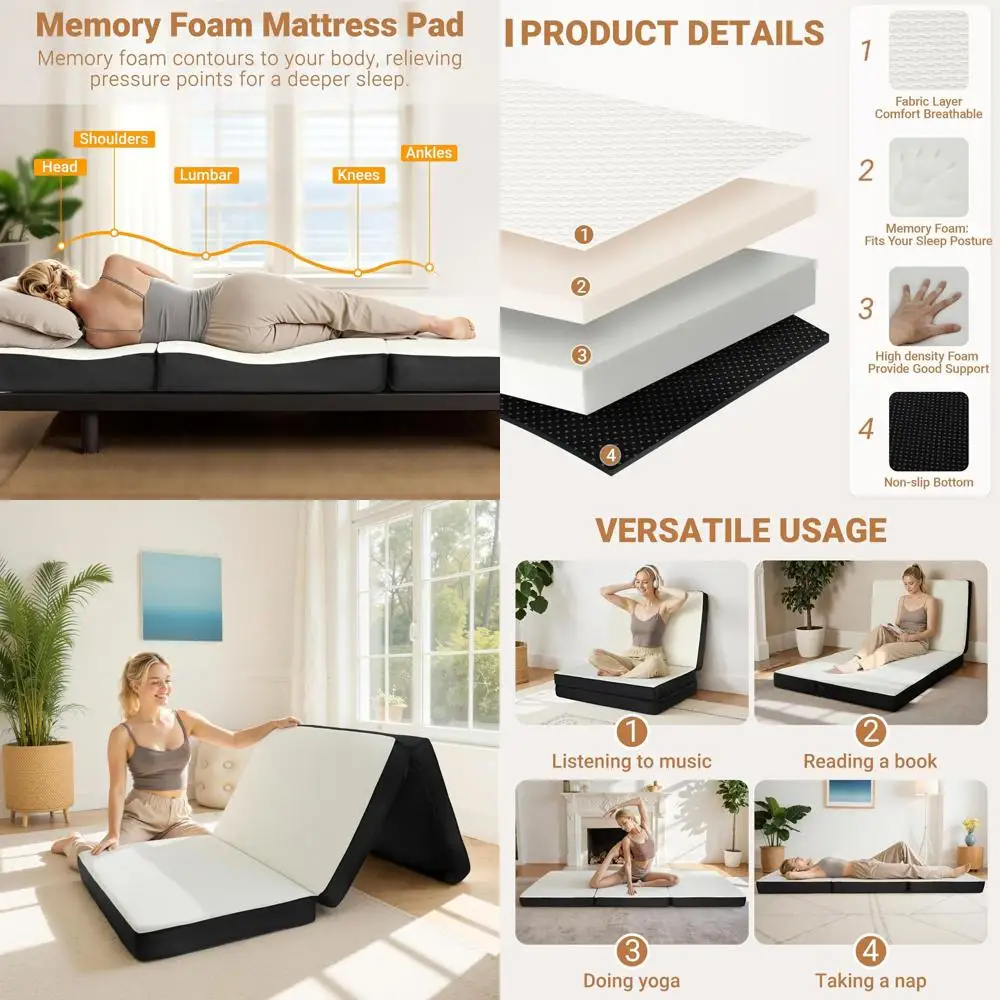 

Compact 4 Memory Foam Trifold Mattress with Washable Cover, Ideal for Camping, Guests, RV, Travel - 75x25x4