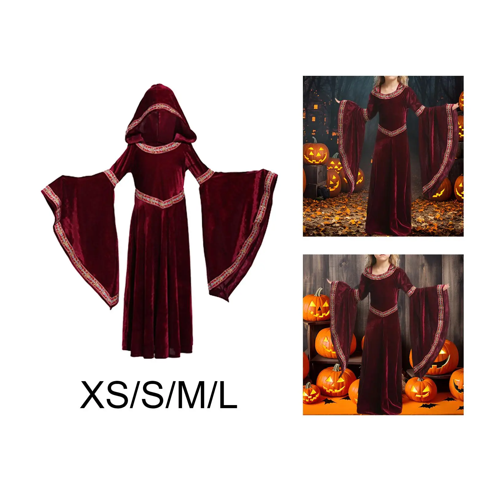 Halloween Girl Medieval Dress Death Cape Wizard Robe Grim Cowl Gothic Dress up Witch Cape Costume Halloween Tunic Hooded Hooded