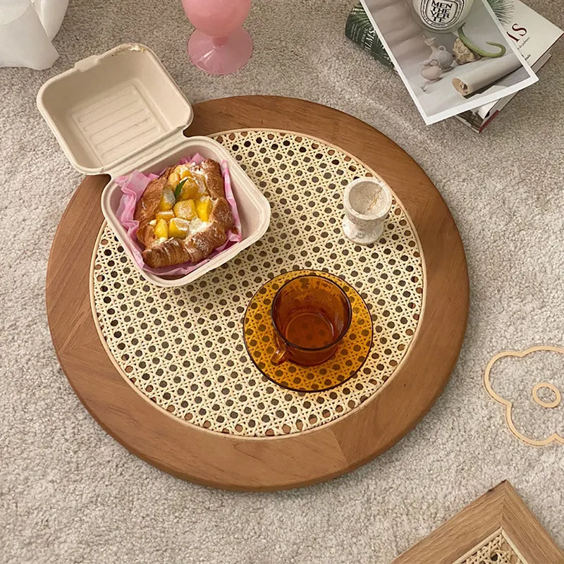 Bohemian Rattan Tray, Round Wooden Fruit Bowl & Coasters Set, Vintage Kitchen Decor & Instagram Photo Prop for Home