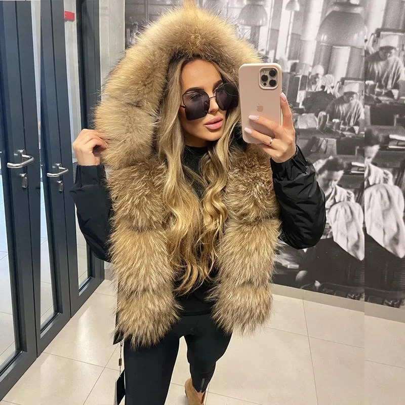 MAOMAOKONG 2024 Fashion Short Women\'s Real Fox Fur Coat Natural Big Raccoon Fur Collar Winter Parka Bomber Jacket Waterproof