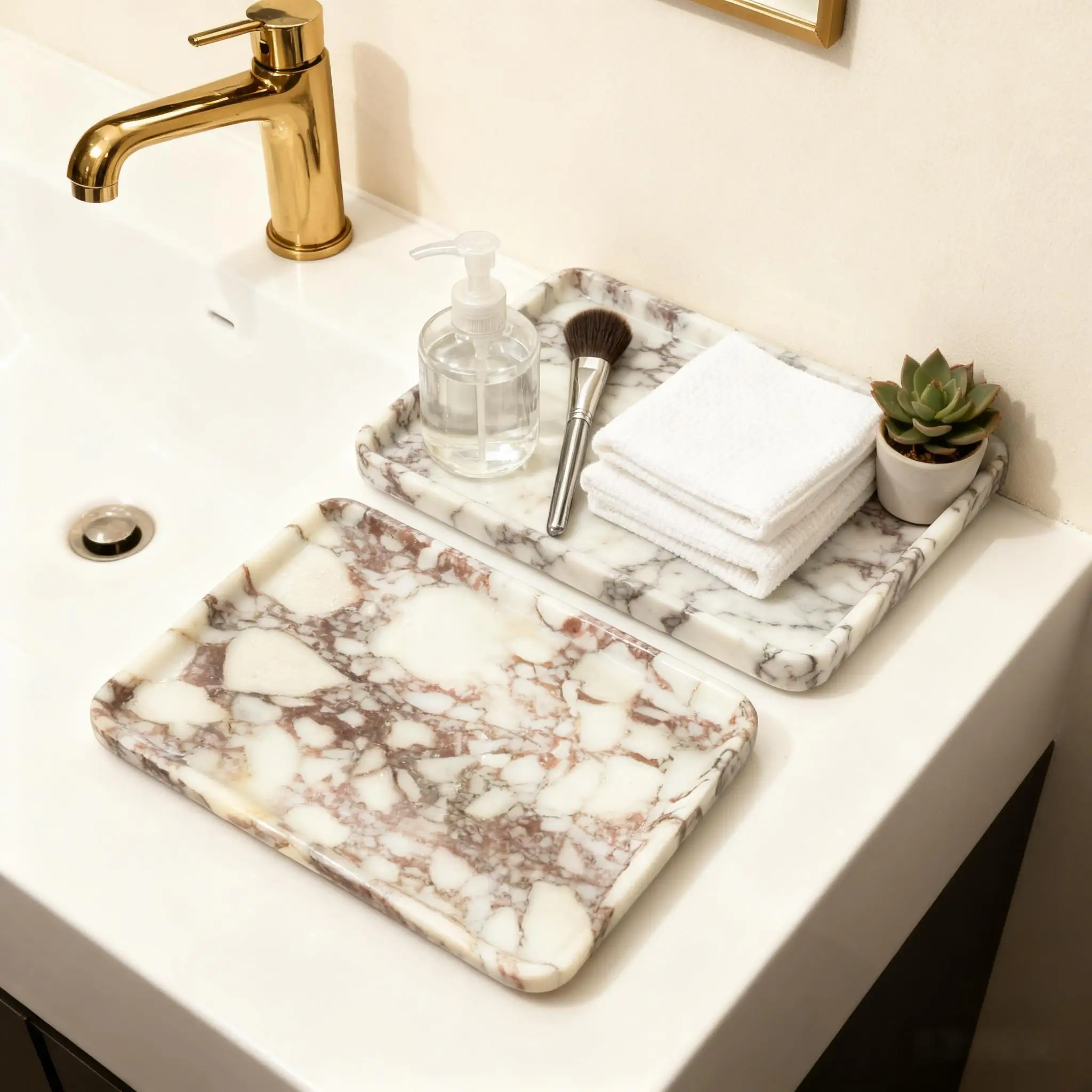 

Поднос из натурального мрамора Calacatta Viola, органайзер для нескольких сцен для туалетного столика, ванной комнаты, дома, хранения духов, косметики, ювелирных изделий, кофе