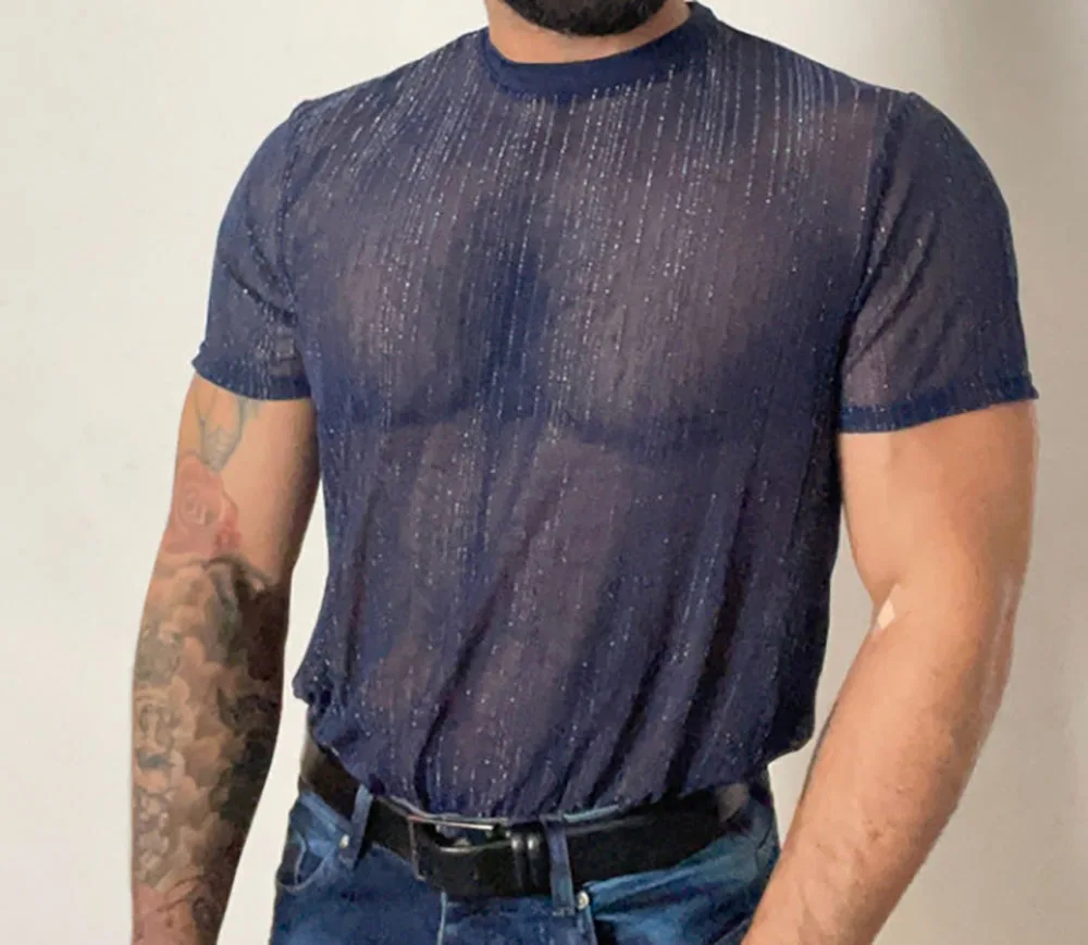 Camiseta interior de malla para hombre, camiseta de moda transparente con cuello redondo, suave, agradable para la piel, transpirable, de secado rápido, informal, 3 colores