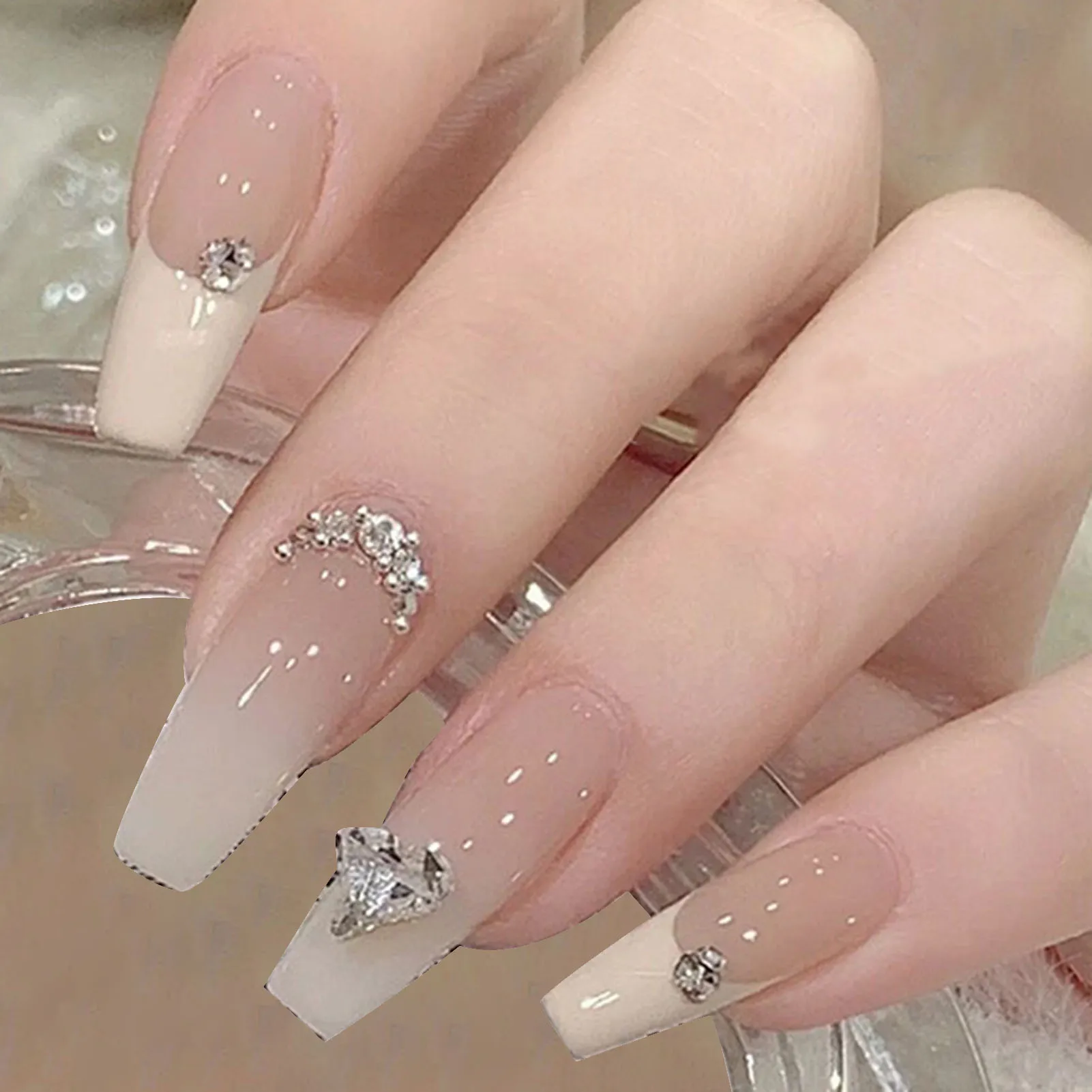 Nude Fake Nails with Rhinestone Setting Chip-Proof Smudge-Proof Fake Nails for Fingernail DIY Decoration