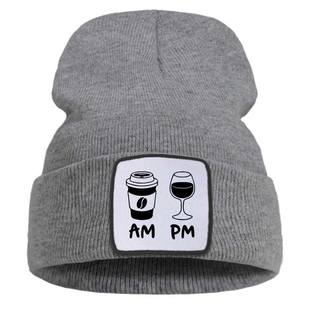 Morning Coffee Evening Wine Printed Female Bonnet Vintage Soft Cap Autumn Winter Warm Balaclava Simple Casual Unisex Knitted Hat