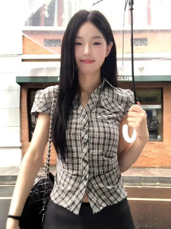 

Retro Plaid ort Sve Women's irt Autumn Collar Slim Fit Sli Design Korean Sle Commute Wind Resistant Wrinkles