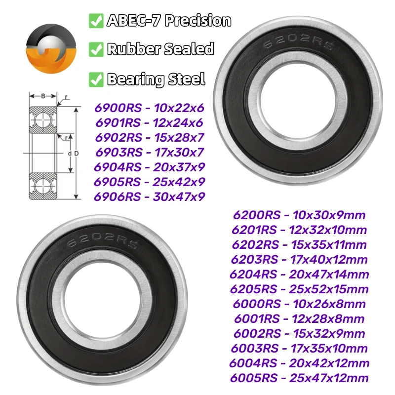 6202 2RS Bearing 15x35x11mm 2Pcs ABEC-7 Rubber Sealed Bearings 6200 6201 6002 6003 6700 6706 6810 6812 6906 RS 2RS Ball Bearing