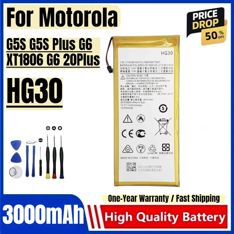 HG30 for Motorola G5S G5S Plus G6 XT1806 G6 20Plus Mobile Phone Battery High Capacity Battery Replacement Bateria with Tools