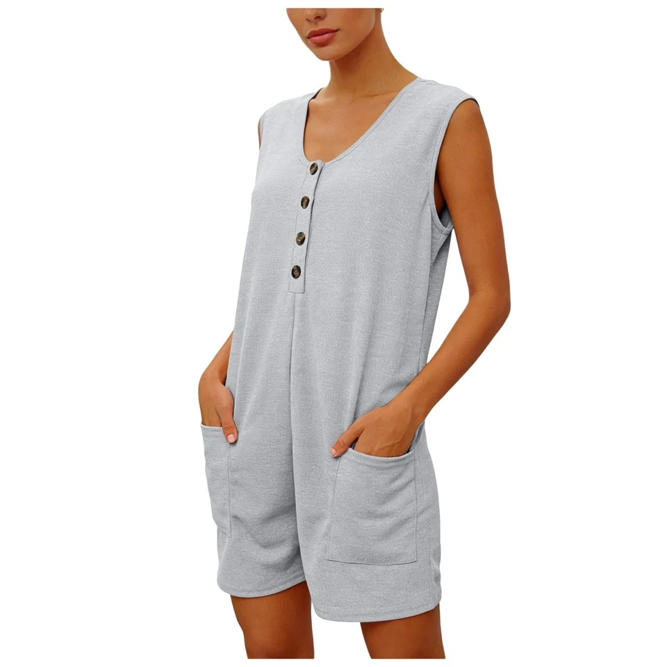 

Short Rompers For Women Summer Dressy Jumpsuits Sleeveless Overalls Female Button Solid Color Casual Bodysuit with Pockets