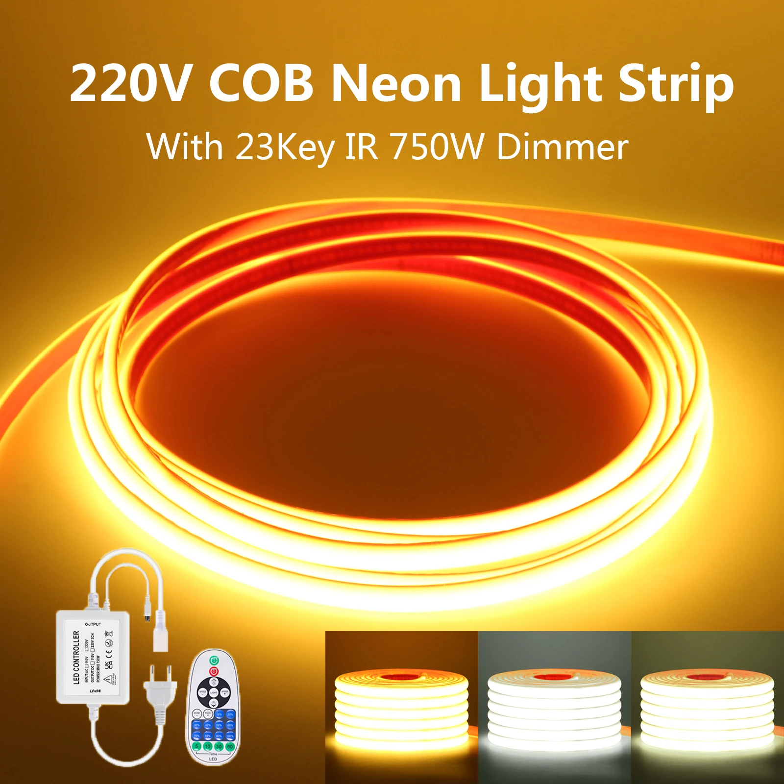 fita-de-led-neon-cob-ir-23-teclas-ac-220v-com-dimmer-plugue-eu-uk-au-branco-quente-natural-fita-flexivel-a-prova-d'Agua-288-leds-05m-10m-25m