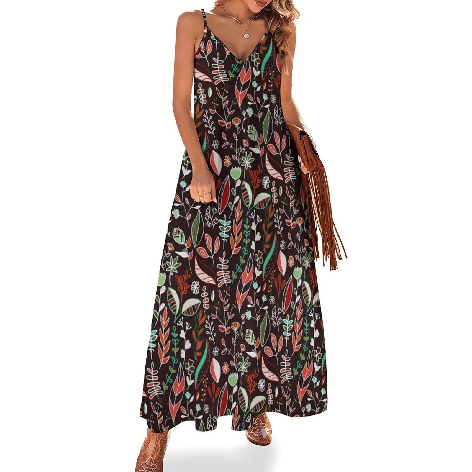 Autumn Nature Doodle On Dark Brown Sleeveless Dress women evening dress wedding dresses for parties Dress