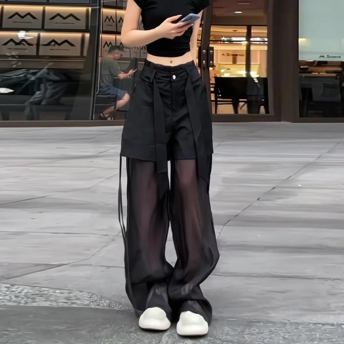 Ice-cool Mesh Fake Two-piece Streamer Casual Pants Personalized New Summer Splicing and Thin Trousers
