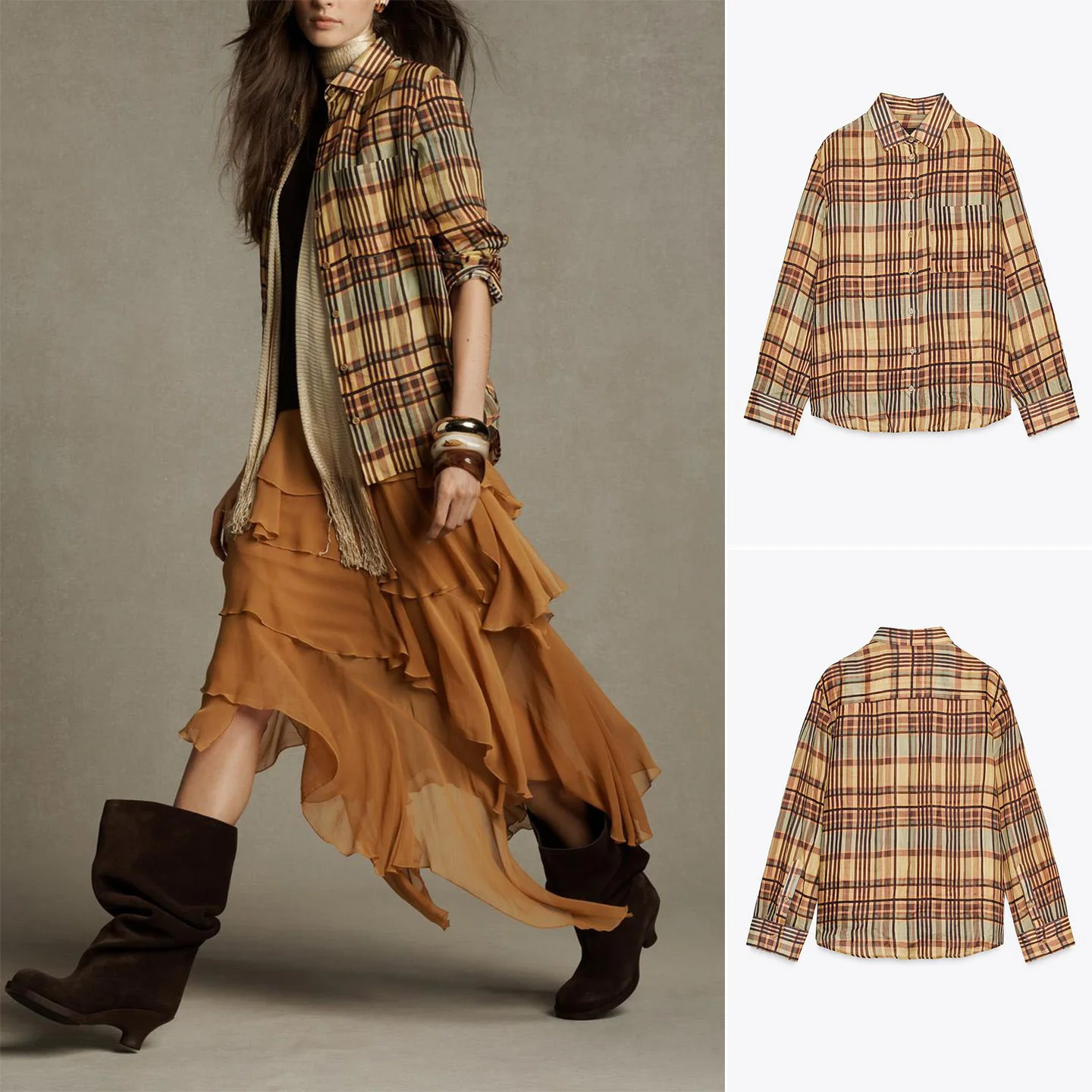 レトロな長袖チェック柄ワンピース レディース ゆったり ポリエステル ZA 2025 秋の新作 通気性抜群 快適ワンピース