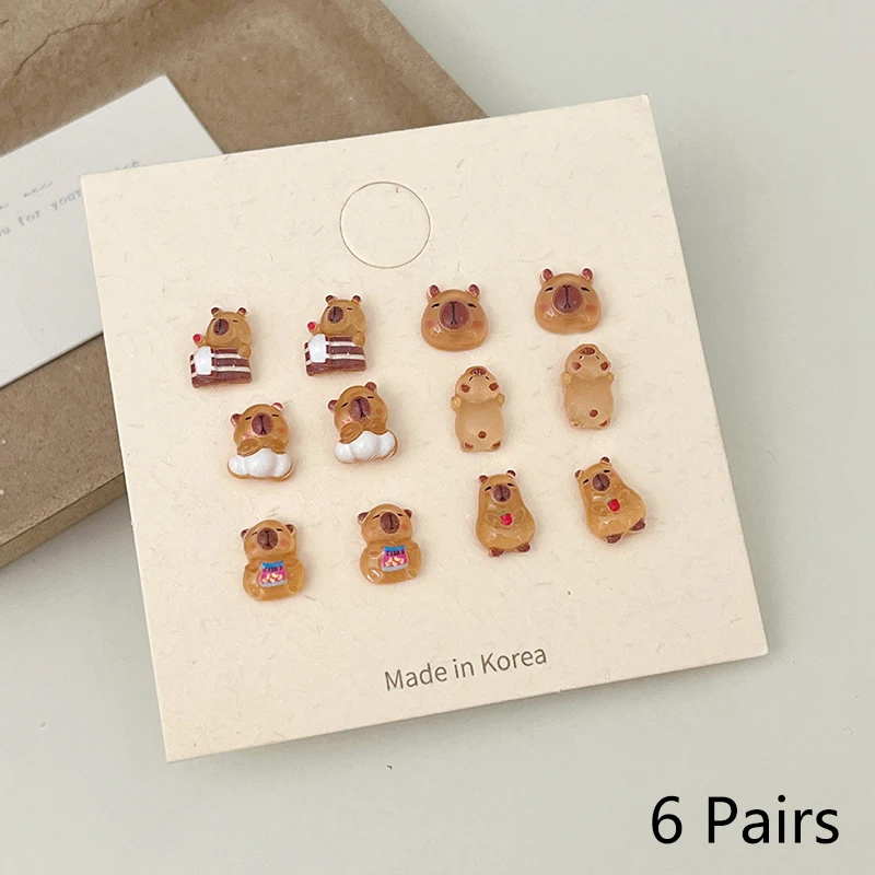 6Pairs Cute Fashion Capybara Earrings Set For Women Girls Cartoon Kawaii Versatile Tiny Earrings Jewelry Accessories Gifts