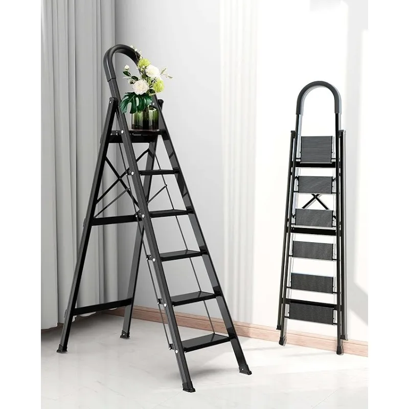 6 Step Ladder, Folding Step Stool, with Anti Slip Wide and Sturdy Steps, Lightweight Aluminum Ladder (300 lbs Capacity)