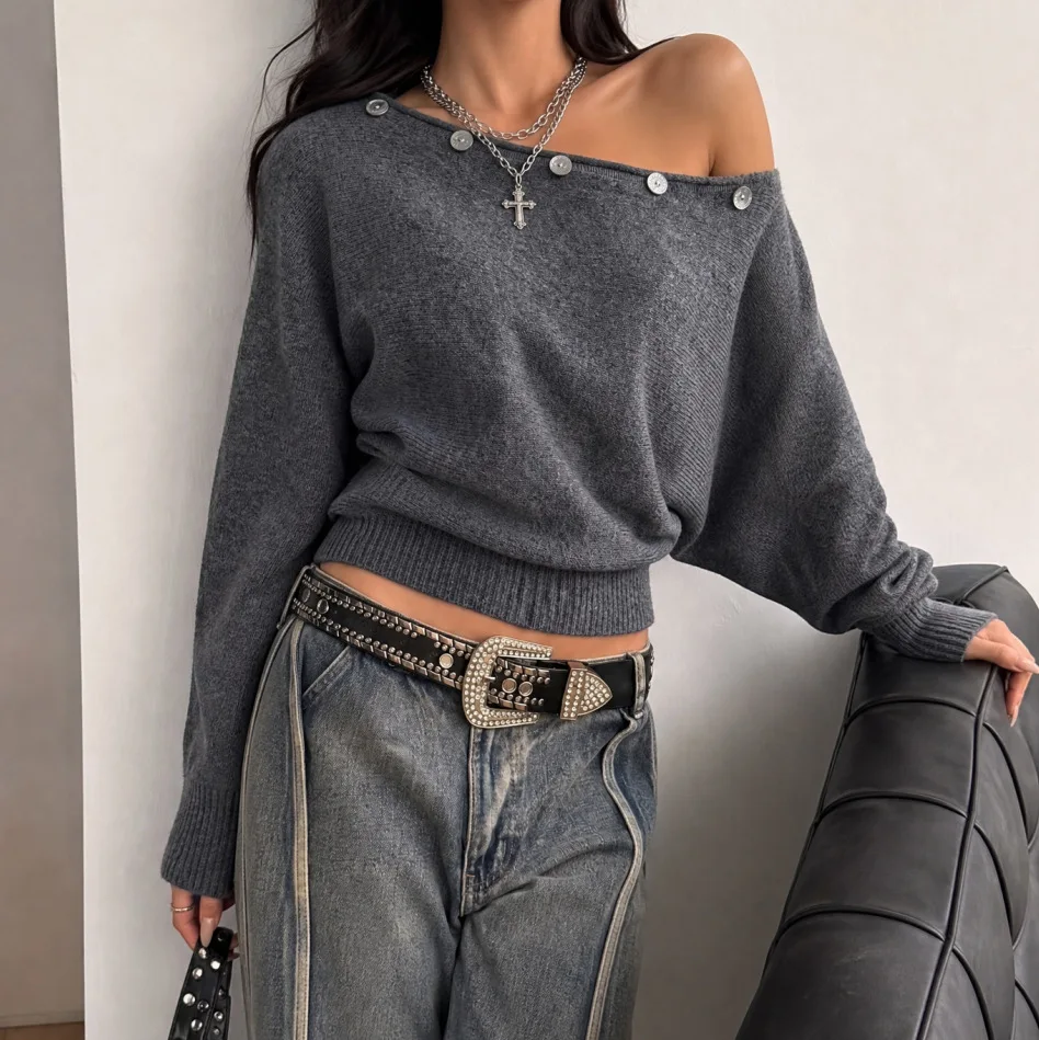 Pullovers Women Sweaters Bat Sleeve Vintage Jumpers Y2k Streetwear Elegant Skew Collar Knit Casual Loose Autumn Winter 2026